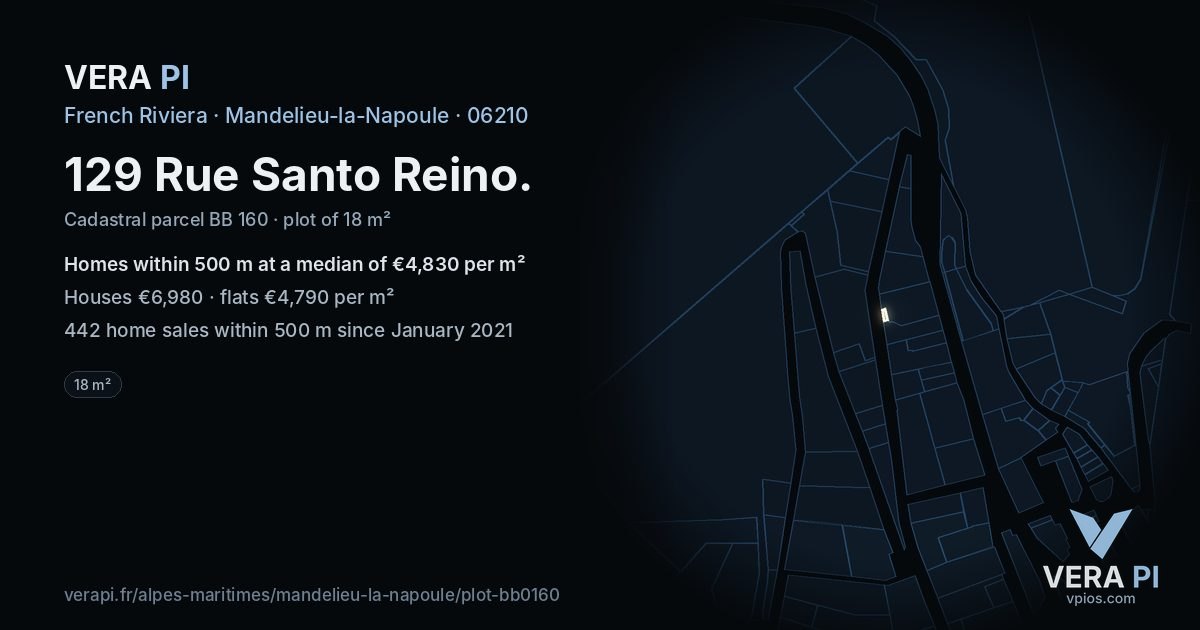 129 Rue Santo Reino, Mandelieu-la-Napoule at night – the plot lit, the parcels around coloured by the prices near them