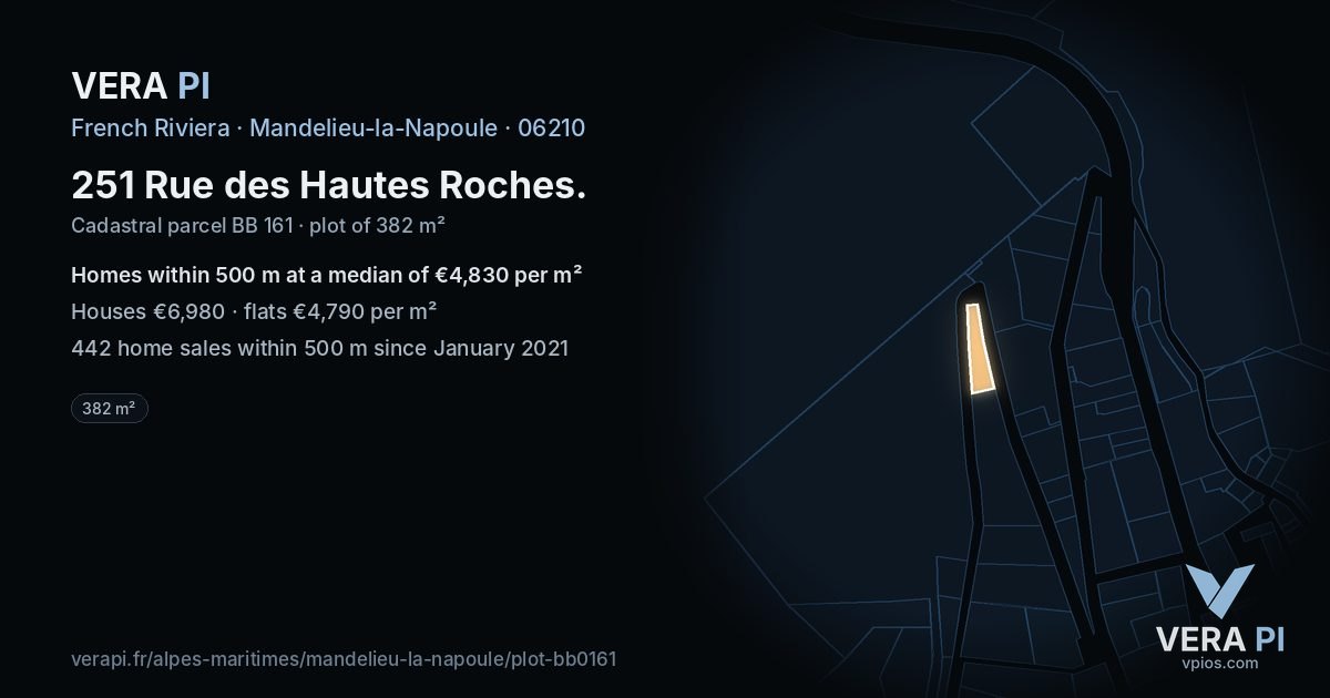 251 Rue des Hautes Roches, Mandelieu-la-Napoule at night – the plot lit, the parcels around coloured by the prices near them