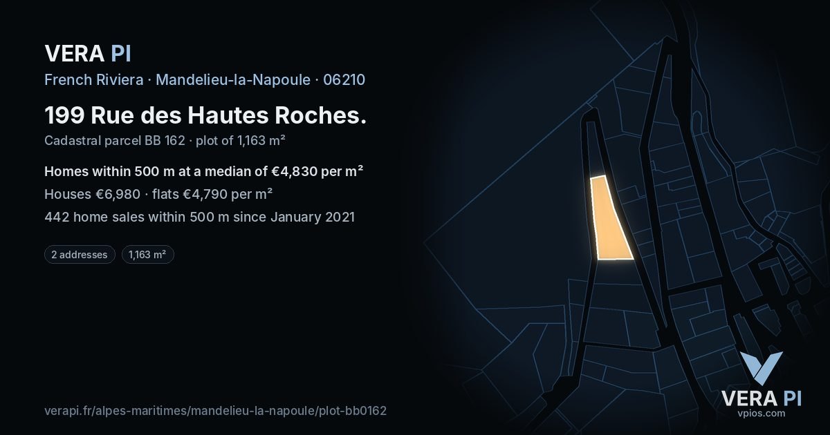 199 Rue des Hautes Roches, Mandelieu-la-Napoule at night – the plot lit, the parcels around coloured by the prices near them
