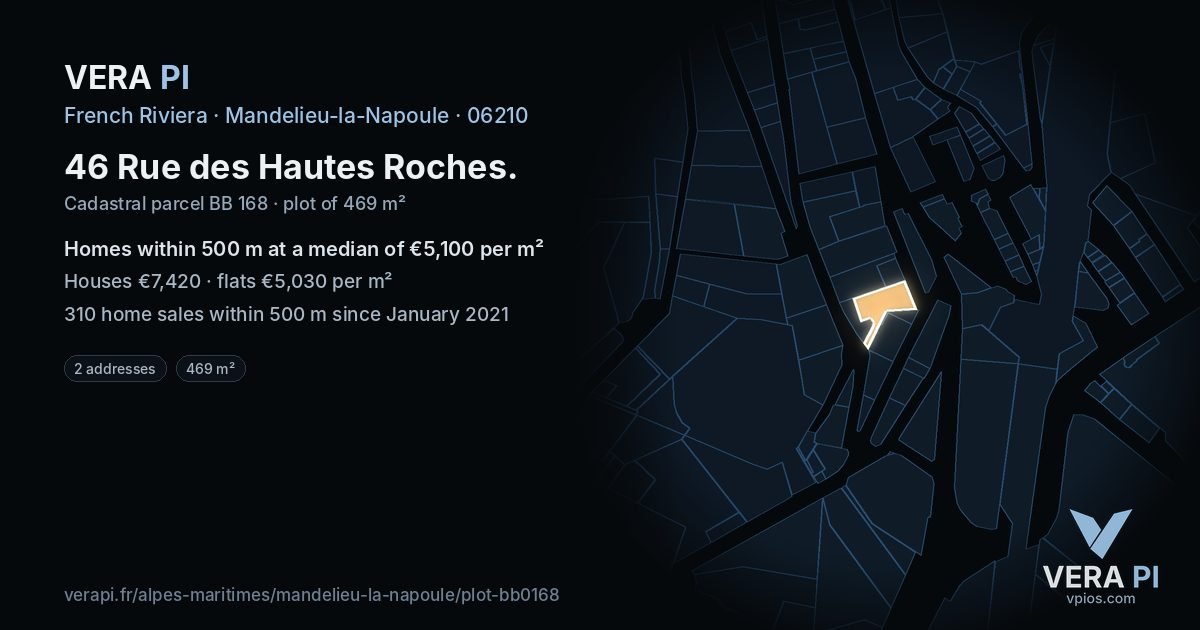 46 Rue des Hautes Roches, Mandelieu-la-Napoule at night – the plot lit, the parcels around coloured by the prices near them