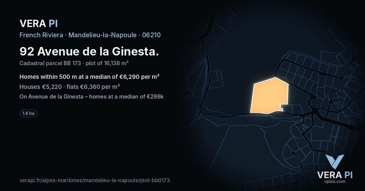 92 Avenue de la Ginesta, Mandelieu-la-Napoule at night – the plot lit, the parcels around coloured by the prices near them