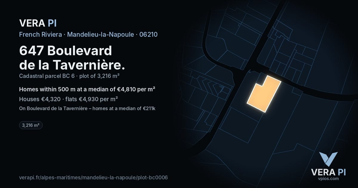 647 Boulevard de la Tavernière, Mandelieu-la-Napoule at night – the plot lit, the parcels around coloured by the prices near them