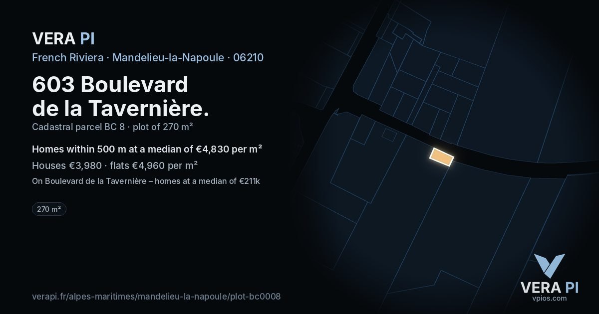 603 Boulevard de la Tavernière, Mandelieu-la-Napoule at night – the plot lit, the parcels around coloured by the prices near them