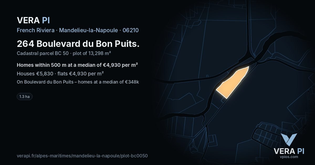 264 Boulevard du Bon Puits, Mandelieu-la-Napoule at night – the plot lit, the parcels around coloured by the prices near them