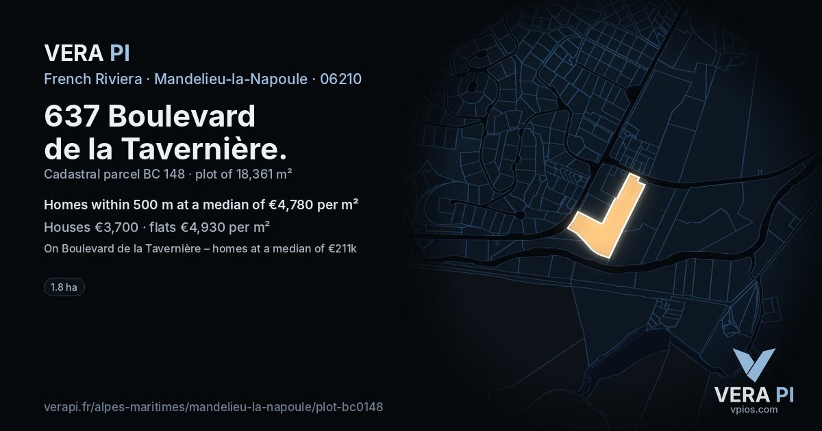 637 Boulevard de la Tavernière, Mandelieu-la-Napoule at night – the plot lit, the parcels around coloured by the prices near them
