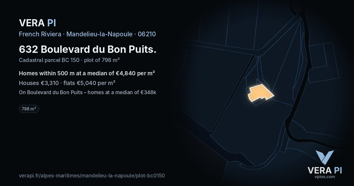 632 Boulevard du Bon Puits, Mandelieu-la-Napoule at night – the plot lit, the parcels around coloured by the prices near them