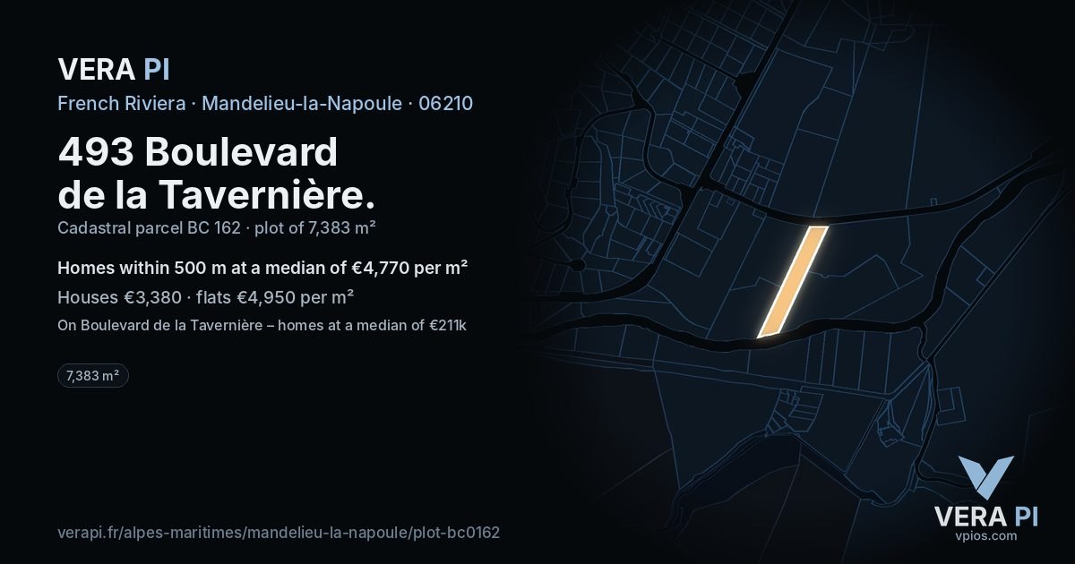 493 Boulevard de la Tavernière, Mandelieu-la-Napoule at night – the plot lit, the parcels around coloured by the prices near them