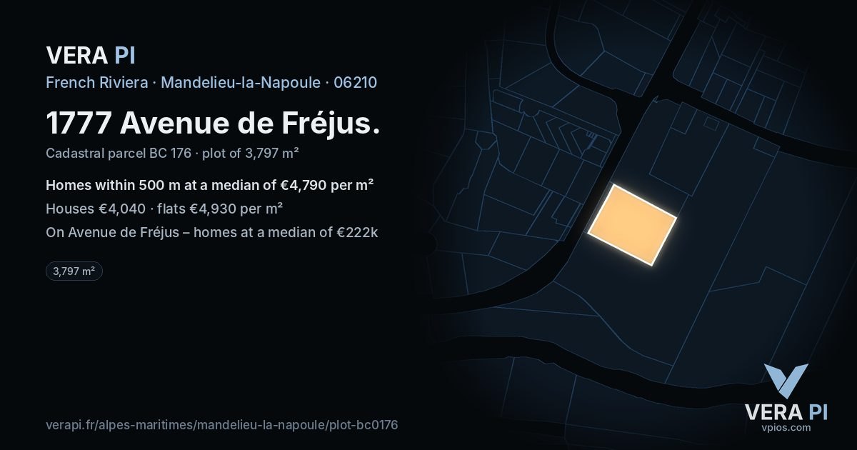 1777 Avenue de Fréjus, Mandelieu-la-Napoule at night – the plot lit, the parcels around coloured by the prices near them