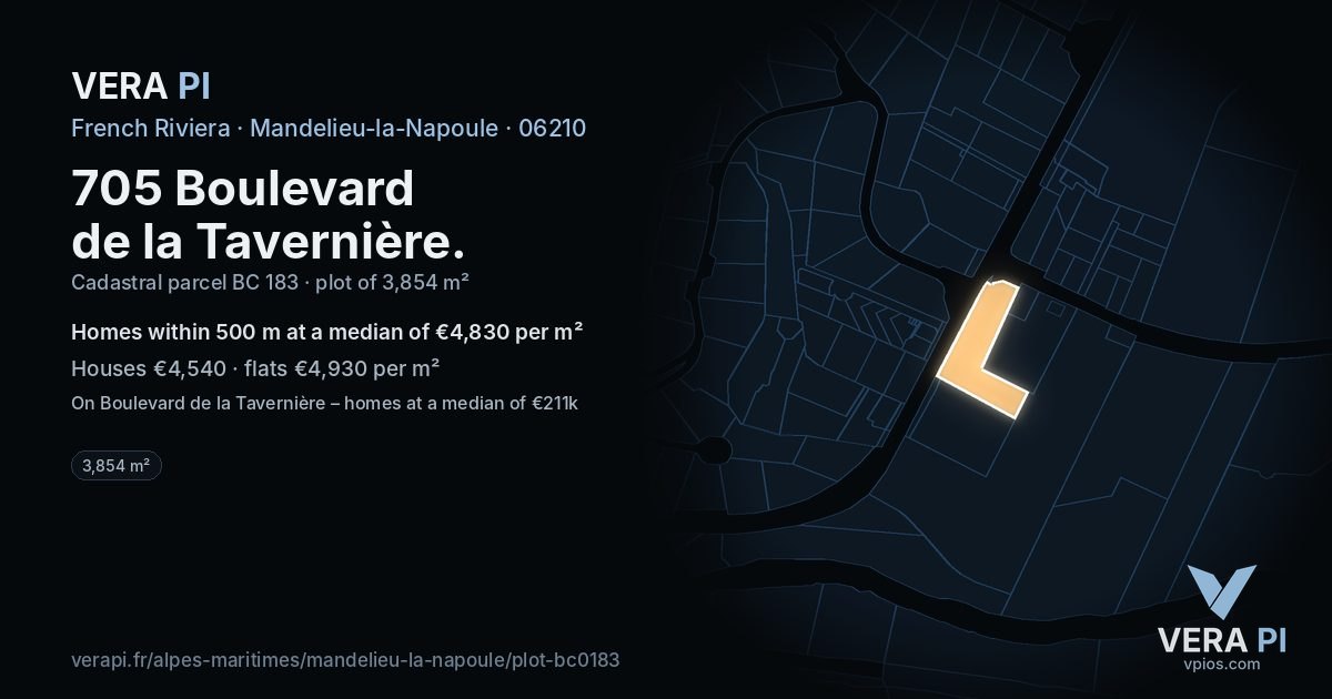 705 Boulevard de la Tavernière, Mandelieu-la-Napoule at night – the plot lit, the parcels around coloured by the prices near them