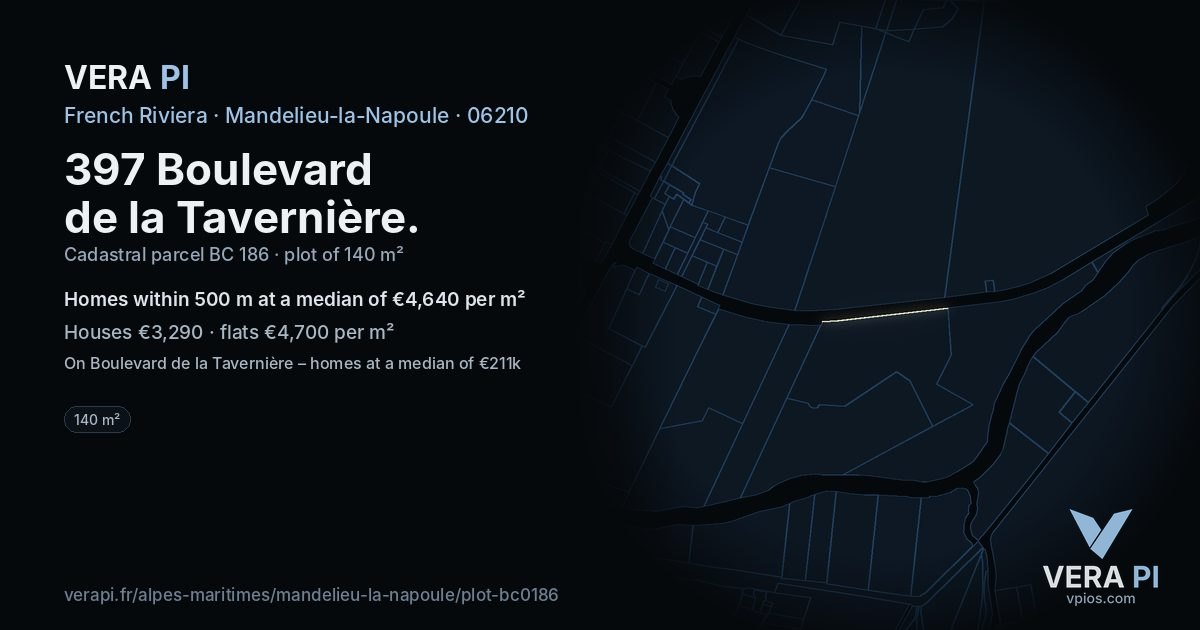 397 Boulevard de la Tavernière, Mandelieu-la-Napoule at night – the plot lit, the parcels around coloured by the prices near them
