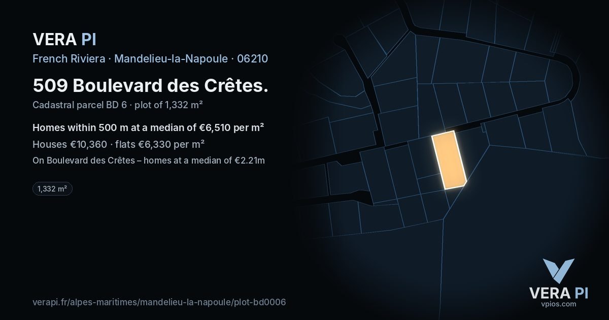 509 Boulevard des Crêtes, Mandelieu-la-Napoule at night – the plot lit, the parcels around coloured by the prices near them