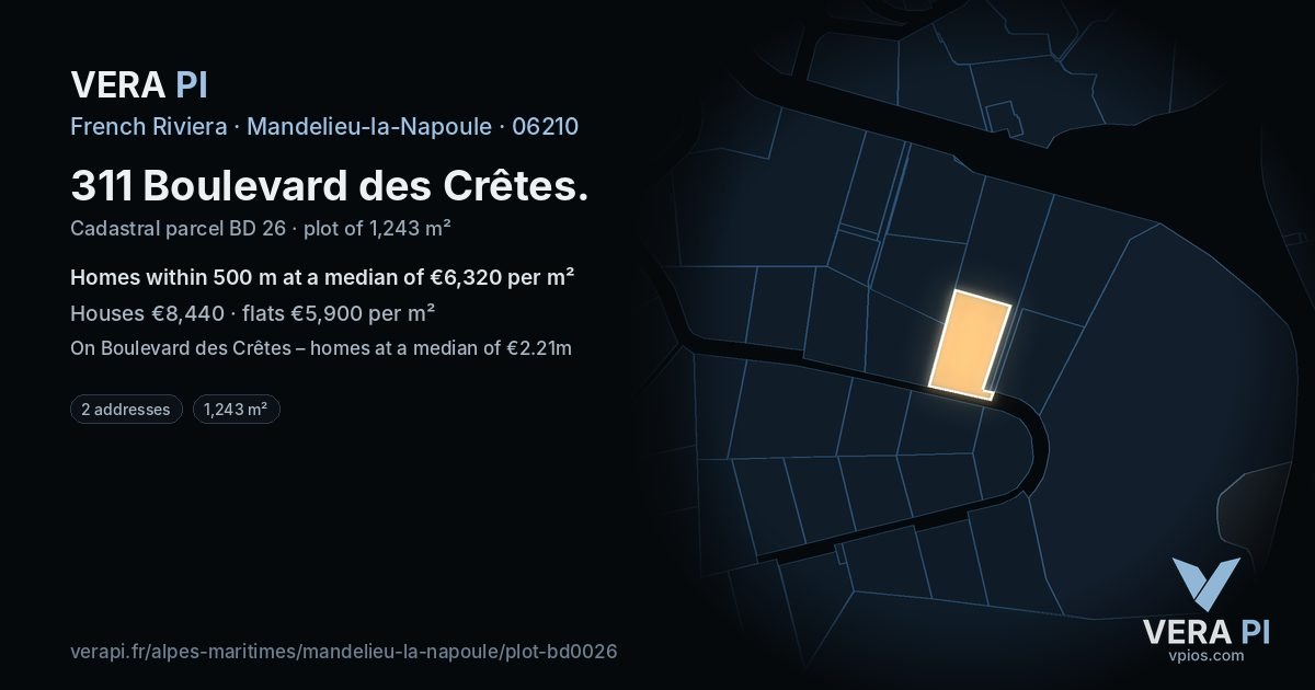 311 Boulevard des Crêtes, Mandelieu-la-Napoule at night – the plot lit, the parcels around coloured by the prices near them