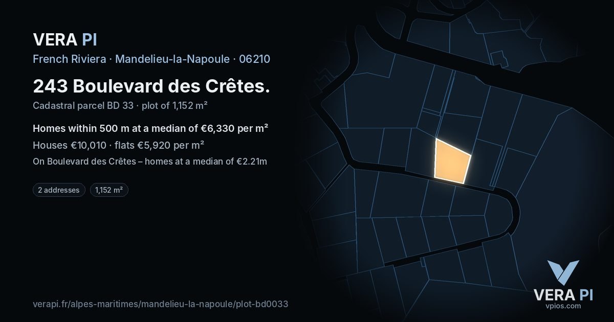 243 Boulevard des Crêtes, Mandelieu-la-Napoule at night – the plot lit, the parcels around coloured by the prices near them