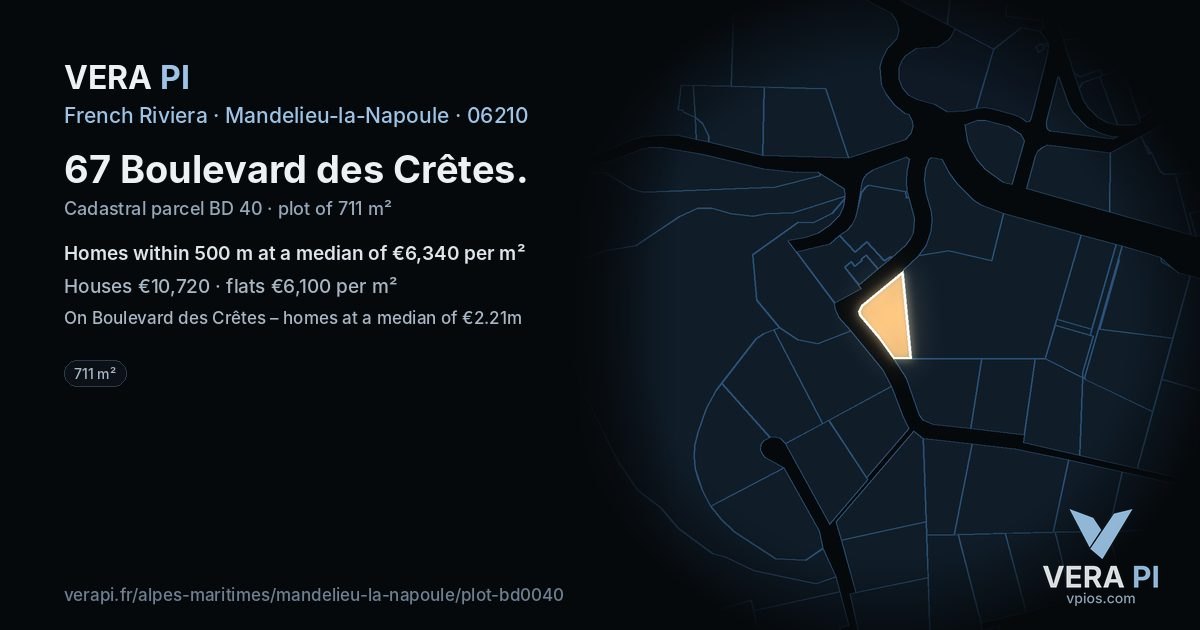 67 Boulevard des Crêtes, Mandelieu-la-Napoule at night – the plot lit, the parcels around coloured by the prices near them
