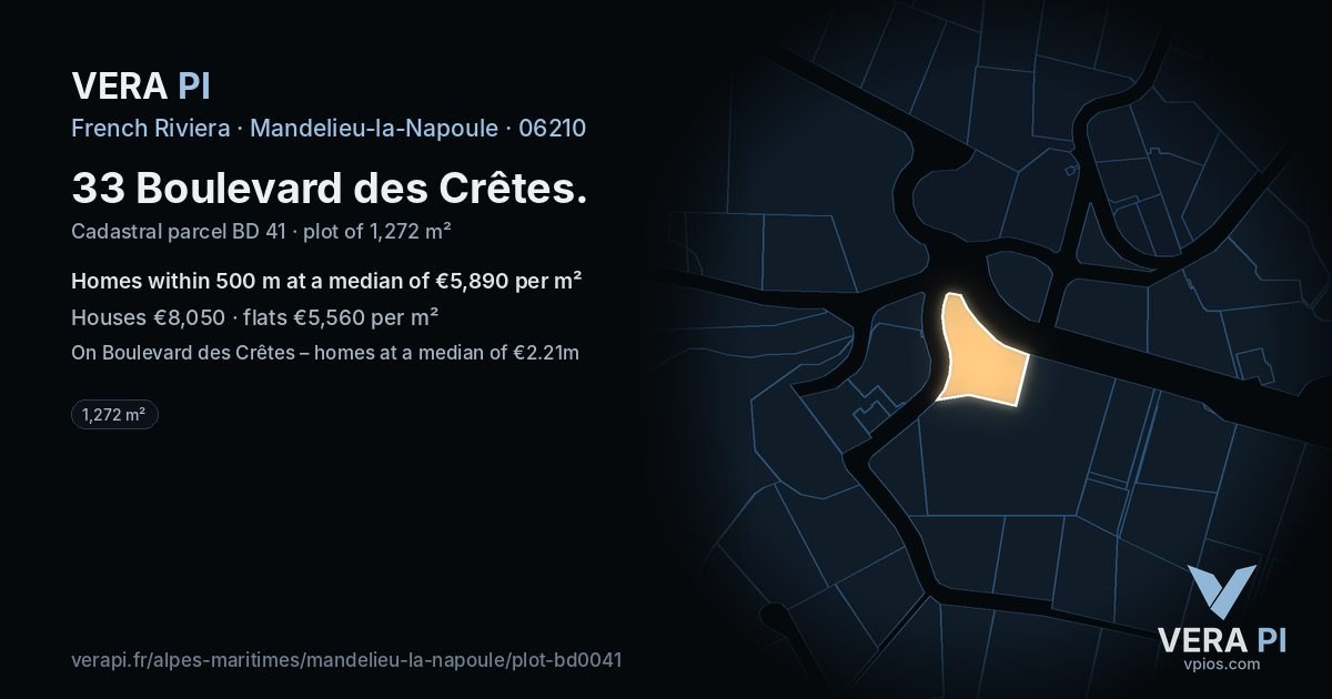 33 Boulevard des Crêtes, Mandelieu-la-Napoule at night – the plot lit, the parcels around coloured by the prices near them