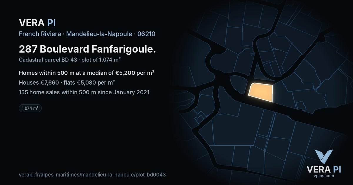 287 Boulevard Fanfarigoule, Mandelieu-la-Napoule at night – the plot lit, the parcels around coloured by the prices near them