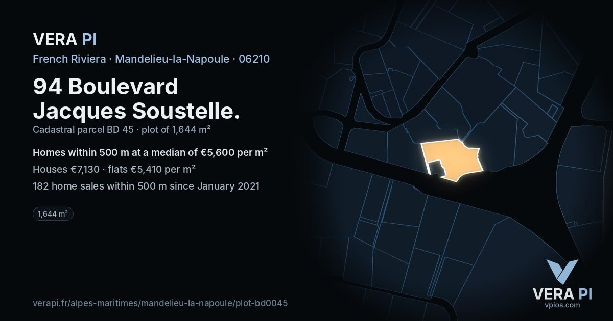 94 Boulevard Jacques Soustelle, Mandelieu-la-Napoule at night – the plot lit, the parcels around coloured by the prices near them