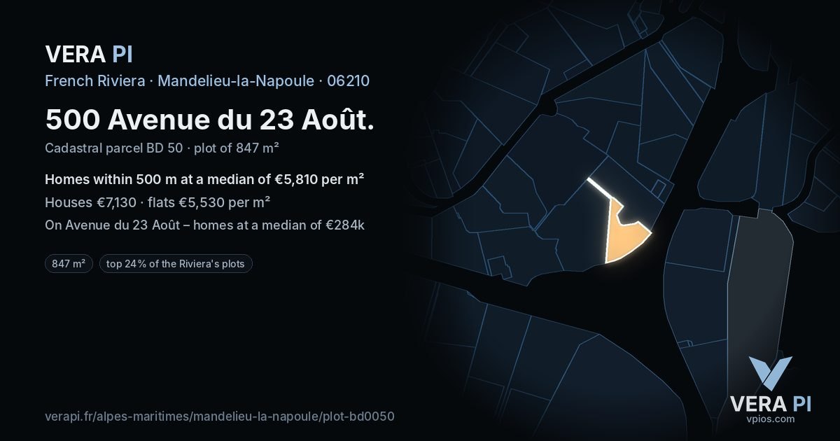 500 Avenue du 23 Août, Mandelieu-la-Napoule at night – the plot lit, the parcels around coloured by the prices near them