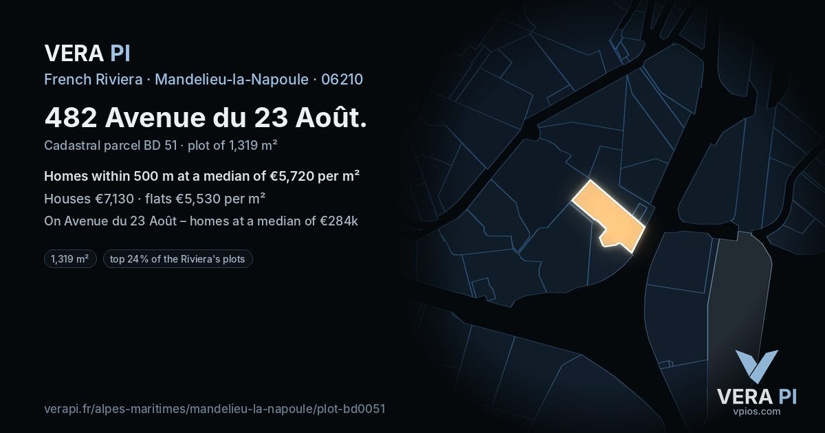 482 Avenue du 23 Août, Mandelieu-la-Napoule at night – the plot lit, the parcels around coloured by the prices near them