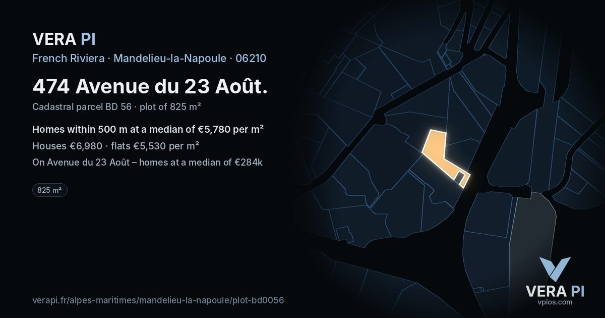 474 Avenue du 23 Août, Mandelieu-la-Napoule at night – the plot lit, the parcels around coloured by the prices near them