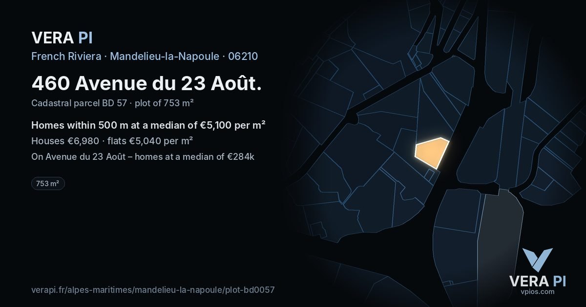 460 Avenue du 23 Août, Mandelieu-la-Napoule at night – the plot lit, the parcels around coloured by the prices near them