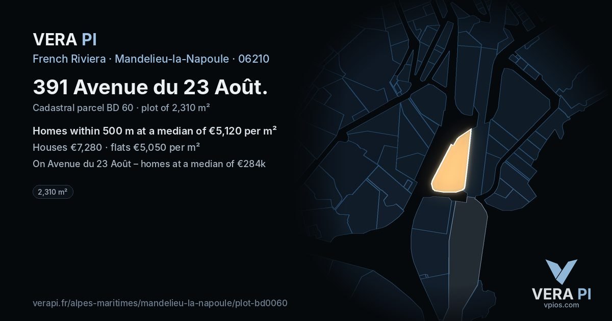 391 Avenue du 23 Août, Mandelieu-la-Napoule at night – the plot lit, the parcels around coloured by the prices near them