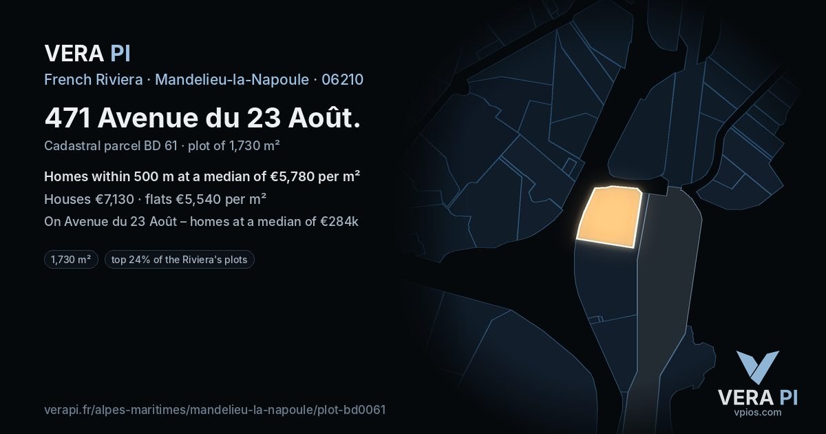 471 Avenue du 23 Août, Mandelieu-la-Napoule at night – the plot lit, the parcels around coloured by the prices near them