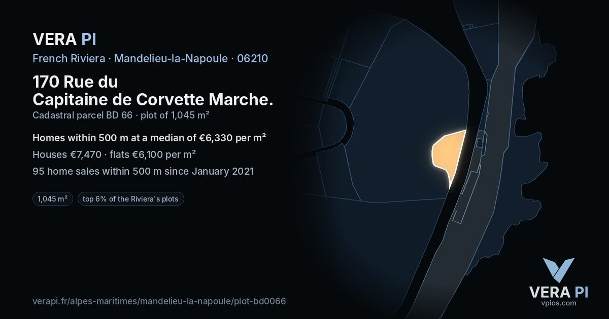 170 Rue du Capitaine de Corvette Marche, Mandelieu-la-Napoule at night – the plot lit, the parcels around coloured by the prices near them