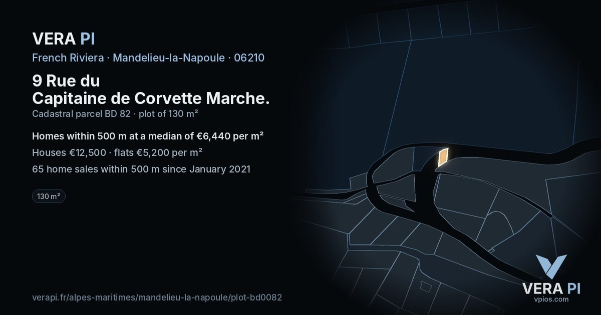 9 Rue du Capitaine de Corvette Marche, Mandelieu-la-Napoule at night – the plot lit, the parcels around coloured by the prices near them