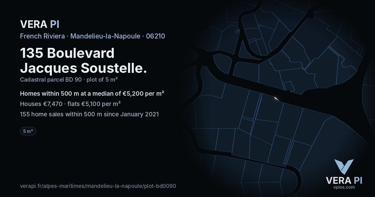 135 Boulevard Jacques Soustelle, Mandelieu-la-Napoule at night – the plot lit, the parcels around coloured by the prices near them