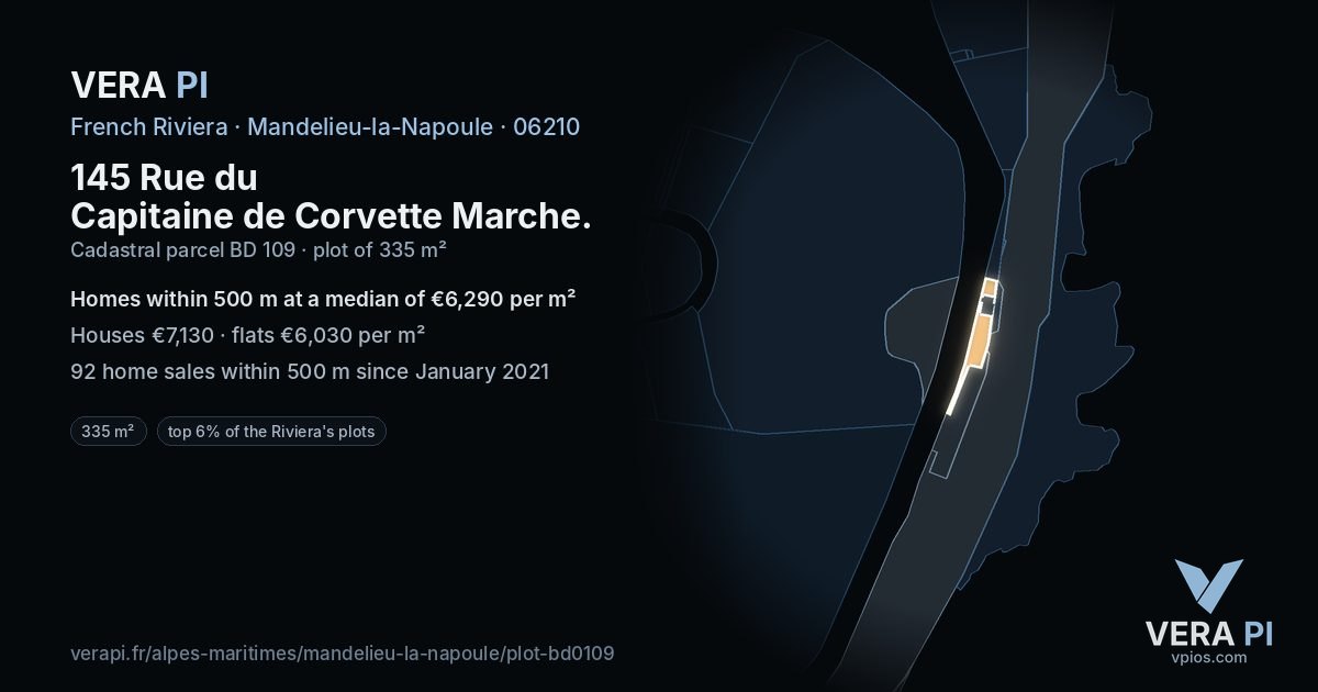 145 Rue du Capitaine de Corvette Marche, Mandelieu-la-Napoule at night – the plot lit, the parcels around coloured by the prices near them