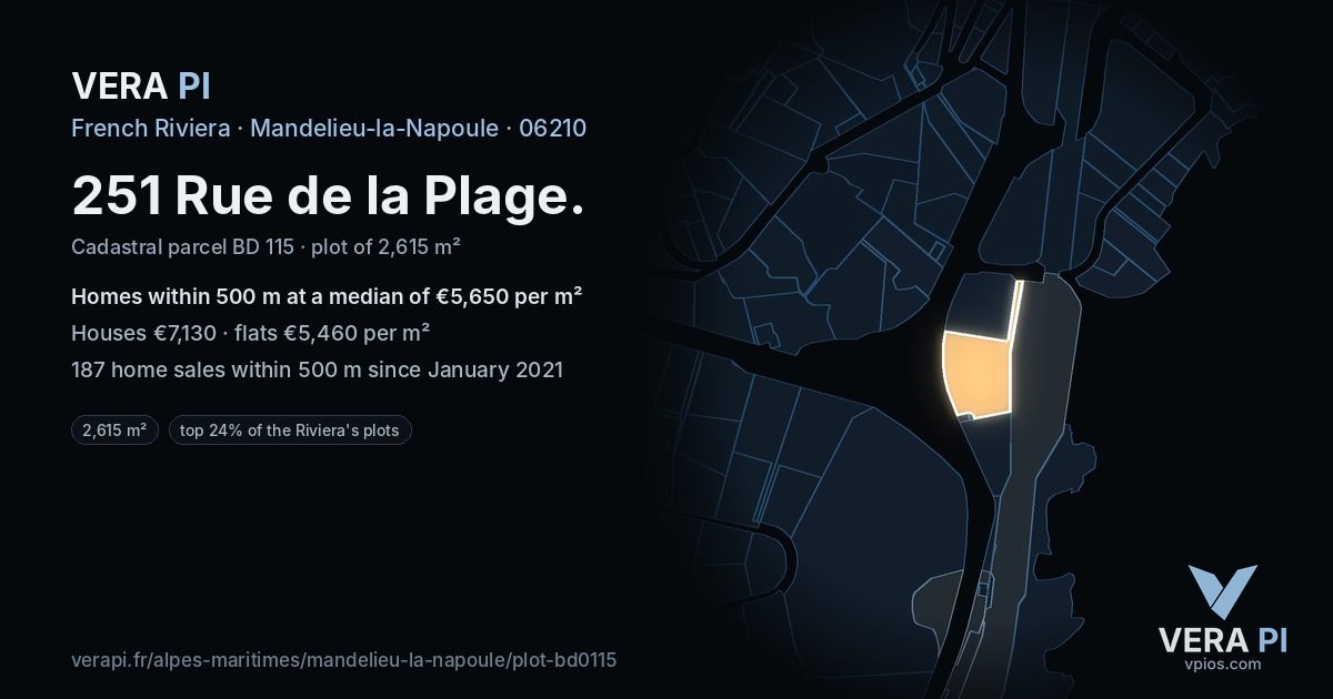 251 Rue de la Plage, Mandelieu-la-Napoule at night – the plot lit, the parcels around coloured by the prices near them