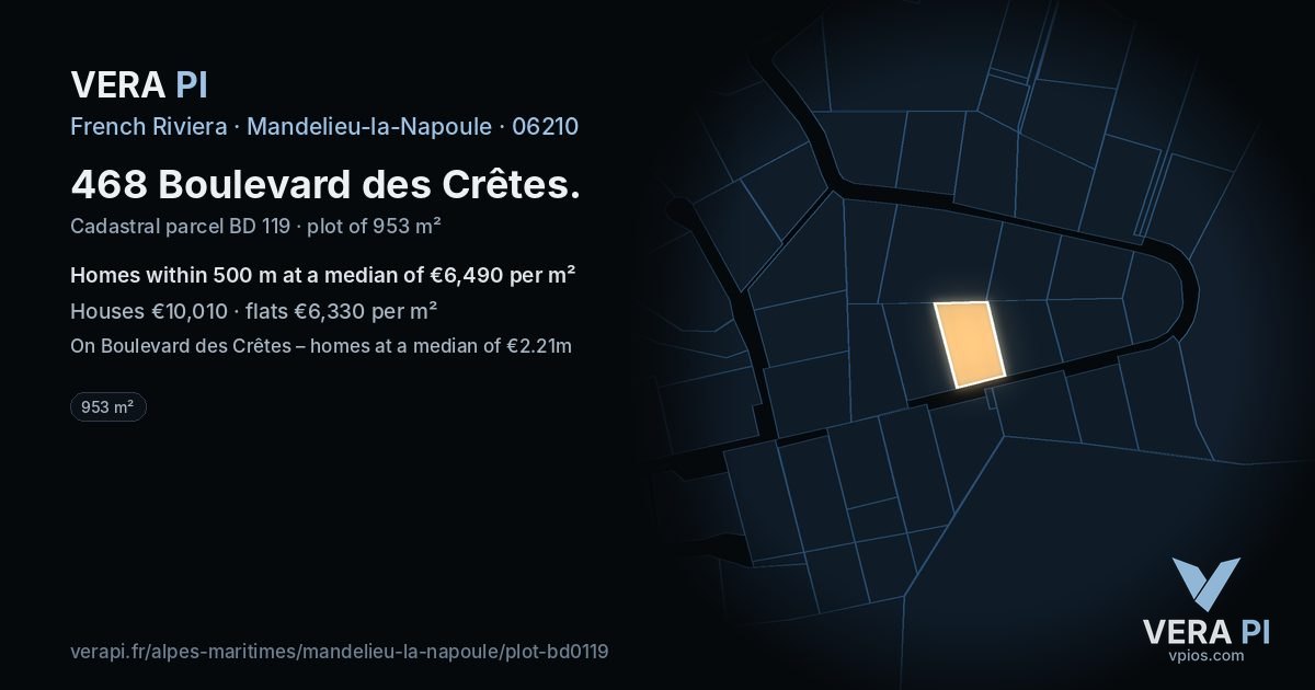 468 Boulevard des Crêtes, Mandelieu-la-Napoule at night – the plot lit, the parcels around coloured by the prices near them