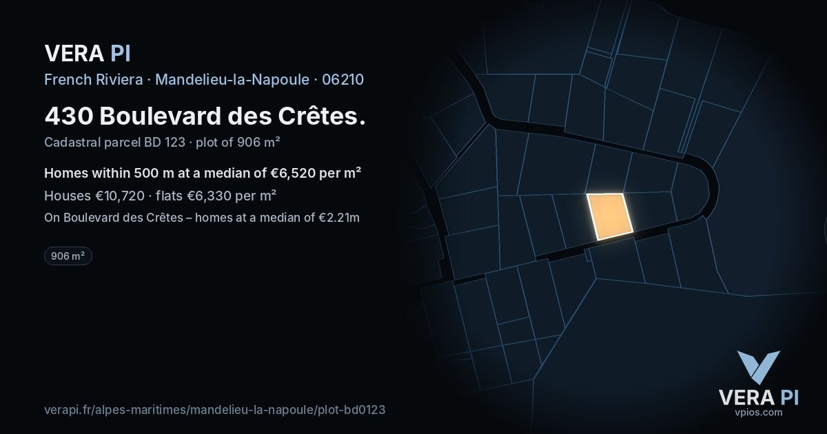 430 Boulevard des Crêtes, Mandelieu-la-Napoule at night – the plot lit, the parcels around coloured by the prices near them