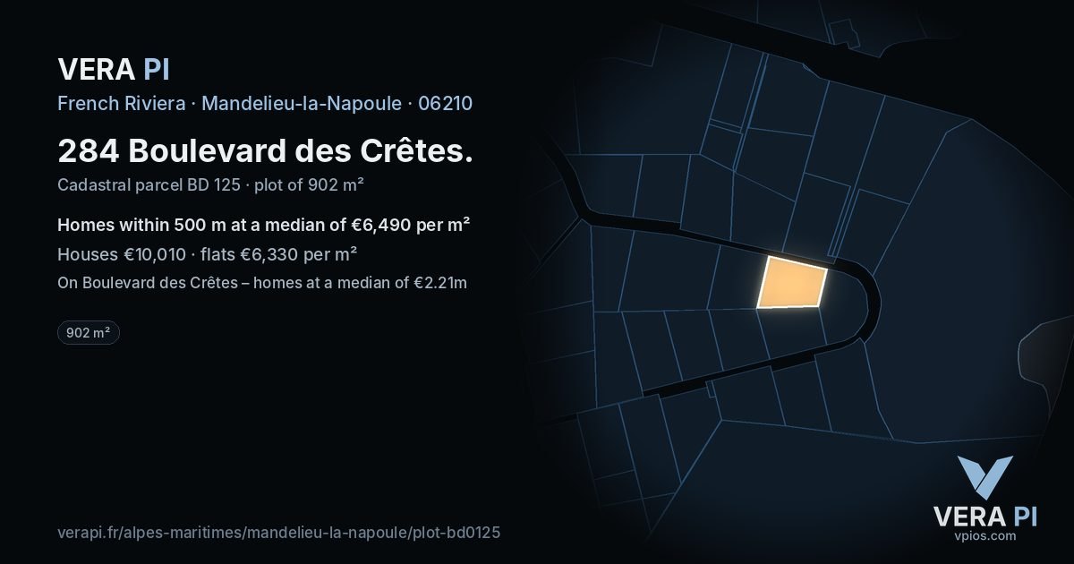 284 Boulevard des Crêtes, Mandelieu-la-Napoule at night – the plot lit, the parcels around coloured by the prices near them