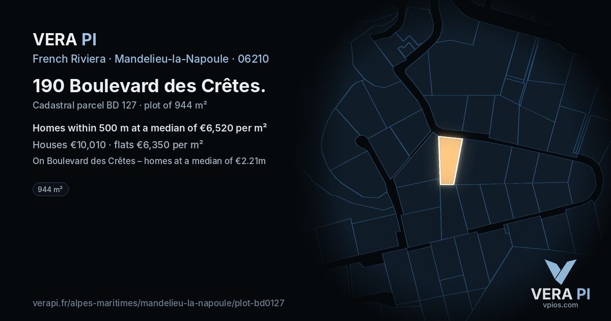 190 Boulevard des Crêtes, Mandelieu-la-Napoule at night – the plot lit, the parcels around coloured by the prices near them