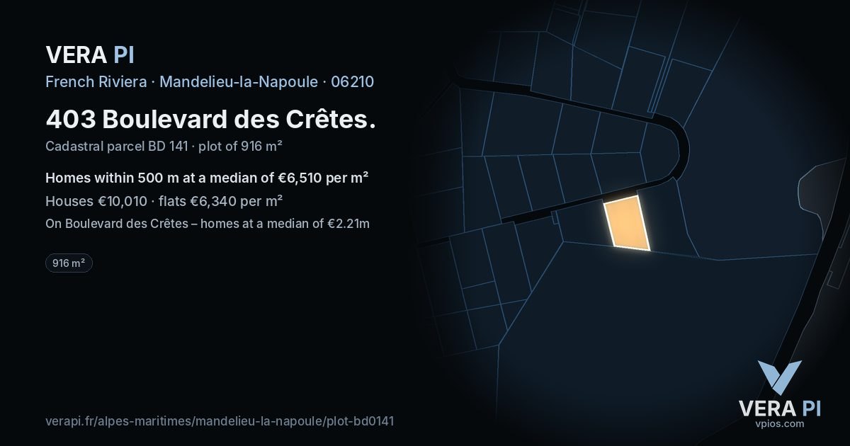 403 Boulevard des Crêtes, Mandelieu-la-Napoule at night – the plot lit, the parcels around coloured by the prices near them