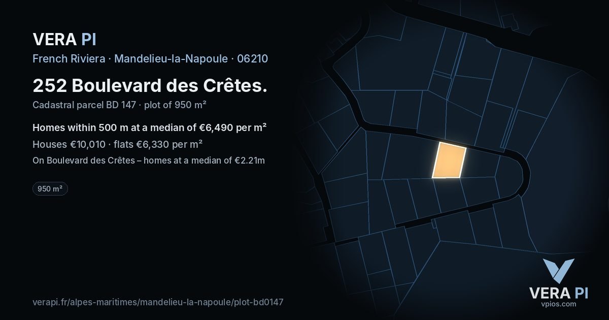 252 Boulevard des Crêtes, Mandelieu-la-Napoule at night – the plot lit, the parcels around coloured by the prices near them