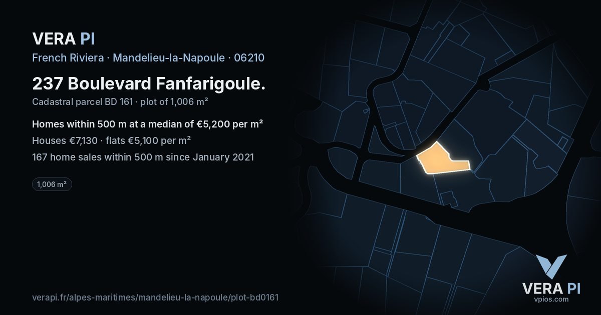 237 Boulevard Fanfarigoule, Mandelieu-la-Napoule at night – the plot lit, the parcels around coloured by the prices near them
