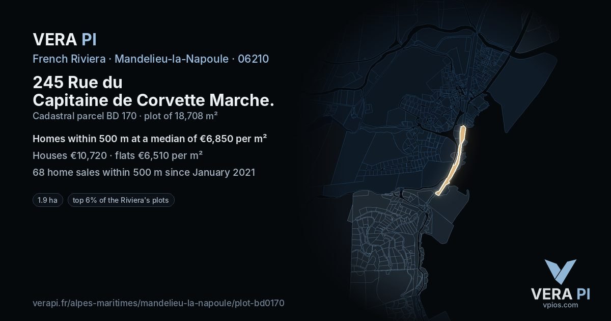 245 Rue du Capitaine de Corvette Marche, Mandelieu-la-Napoule at night – the plot lit, the parcels around coloured by the prices near them