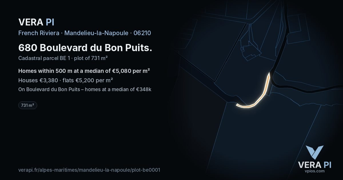 680 Boulevard du Bon Puits, Mandelieu-la-Napoule at night – the plot lit, the parcels around coloured by the prices near them
