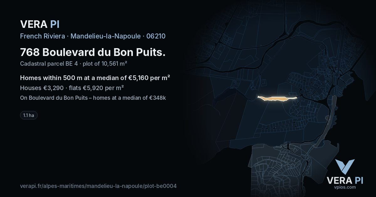 768 Boulevard du Bon Puits, Mandelieu-la-Napoule at night – the plot lit, the parcels around coloured by the prices near them