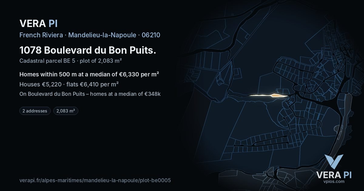 1078 Boulevard du Bon Puits, Mandelieu-la-Napoule at night – the plot lit, the parcels around coloured by the prices near them