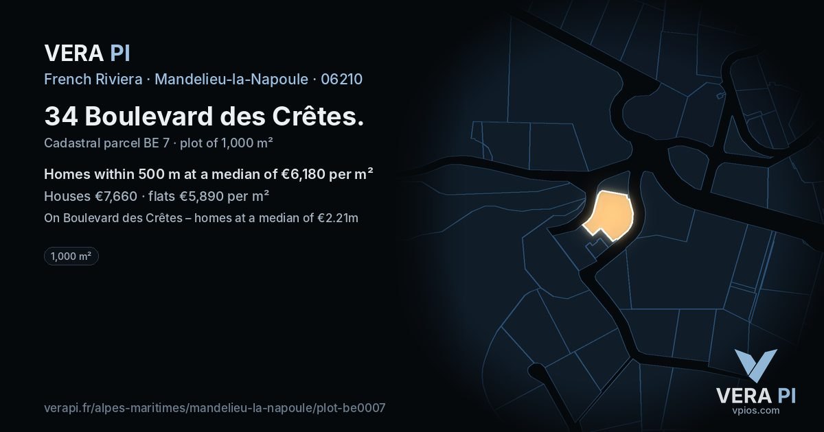 34 Boulevard des Crêtes, Mandelieu-la-Napoule at night – the plot lit, the parcels around coloured by the prices near them