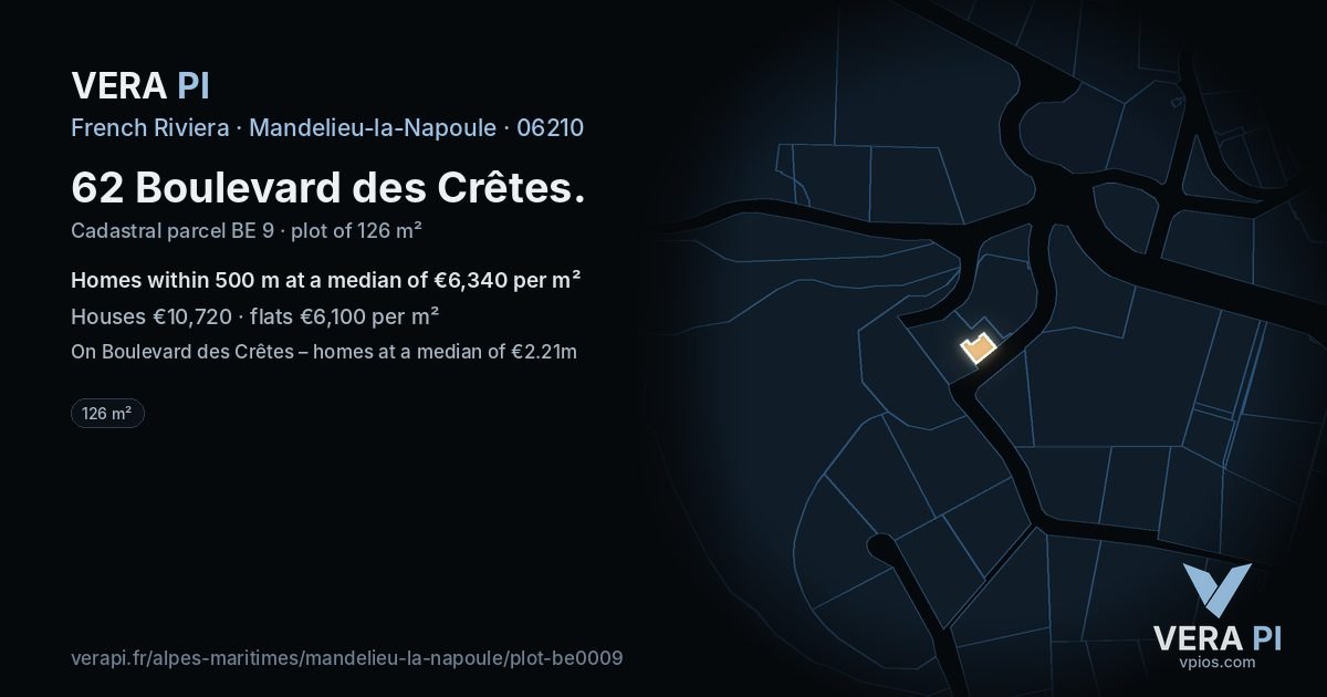 62 Boulevard des Crêtes, Mandelieu-la-Napoule at night – the plot lit, the parcels around coloured by the prices near them