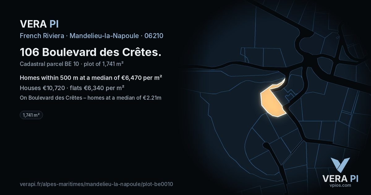 106 Boulevard des Crêtes, Mandelieu-la-Napoule at night – the plot lit, the parcels around coloured by the prices near them
