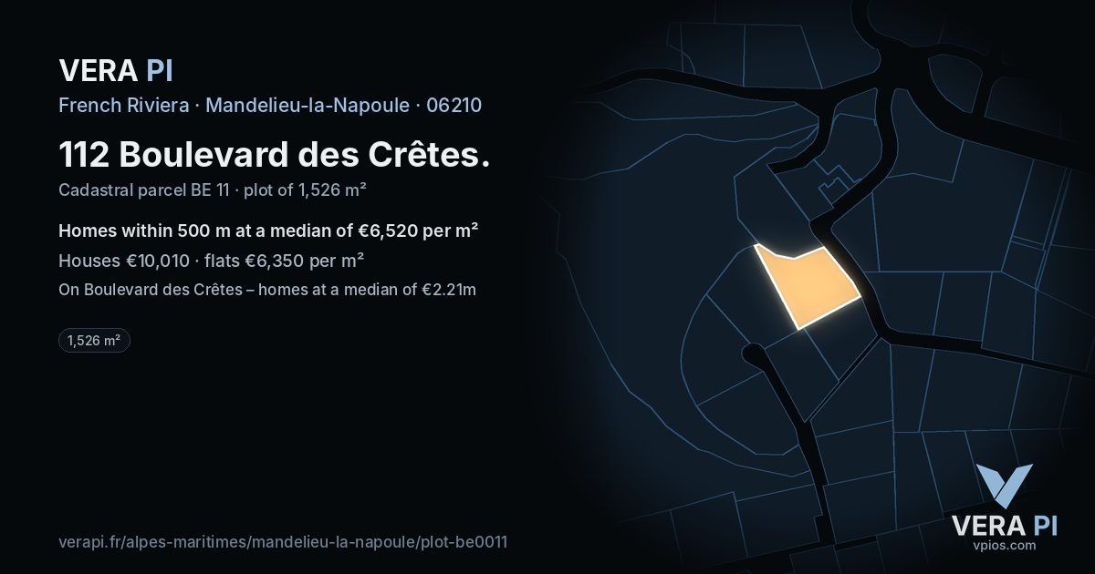 112 Boulevard des Crêtes, Mandelieu-la-Napoule at night – the plot lit, the parcels around coloured by the prices near them