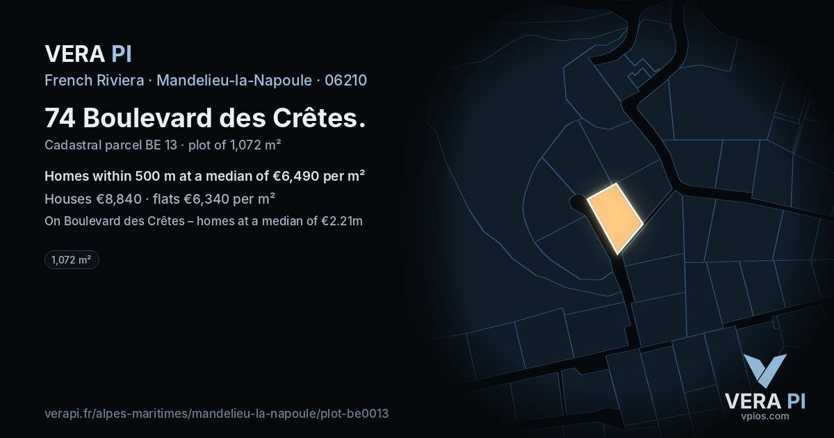 74 Boulevard des Crêtes, Mandelieu-la-Napoule at night – the plot lit, the parcels around coloured by the prices near them