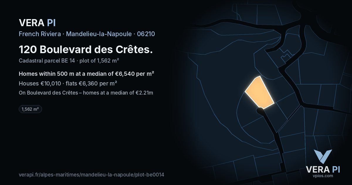 120 Boulevard des Crêtes, Mandelieu-la-Napoule at night – the plot lit, the parcels around coloured by the prices near them