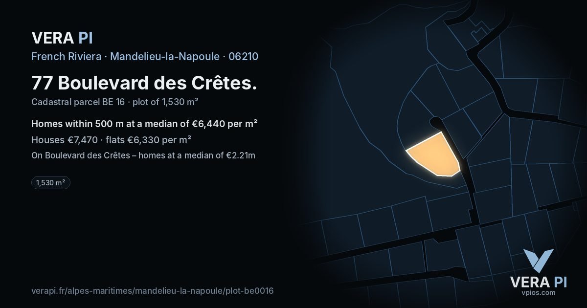 77 Boulevard des Crêtes, Mandelieu-la-Napoule at night – the plot lit, the parcels around coloured by the prices near them